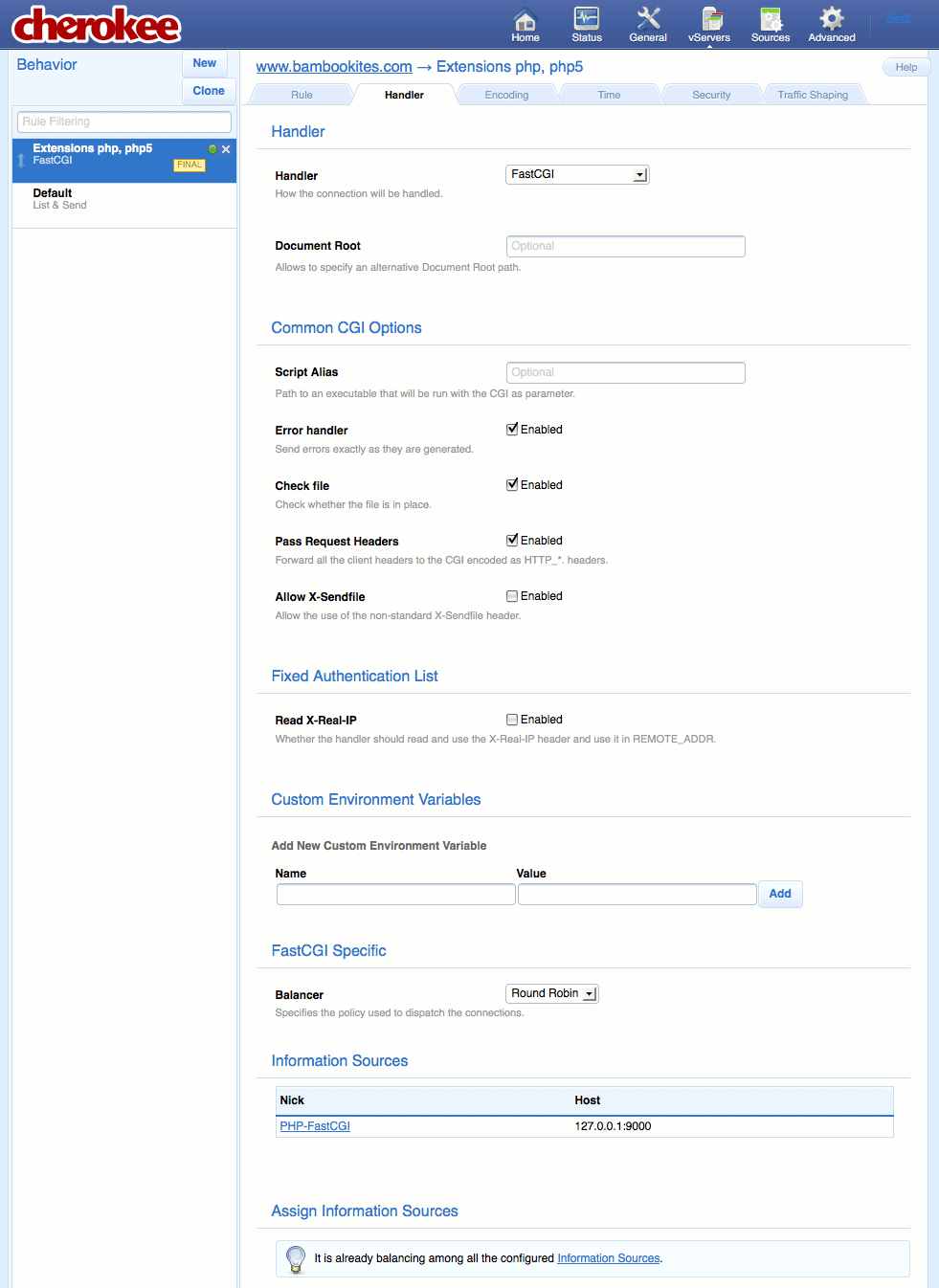 FastCGI settings for a new extensions rule on the &ldquo;Behavior&rdquo; tab on the &ldquo;vServers&rdquo; page of the Cherokee admin panel on Fedora 13.